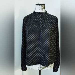 ACTIVE USA Black Polka Dot Mock Neck LongSleeve Ruffle Collar Size S Sophisticat